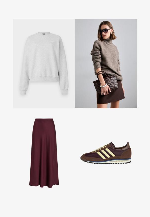 Pelēka džemperis no mīksta kokvilnas maisījuma ar apaļu kakla izgriezumu, garām piedurknēm un ribota apakšmalu. Maza logotipa detaļa priekšpusē.; Balta garās piedurknes krekls ar apaļu kakla izgriezumu. Audumam ir teksturēts raksts ar vertikālām līnijām un ribotām detaļām.; Burgundijas satīna maksi svārki ar gludu tekstūru, augstu jostasvietu un plūstošu siluetu, kas maigi izplešas pret apakšu.; Brūni un bordo sporta apavi ar zamšādām un sieta materiāliem, ar trim krēmkrāsas svītrām, teksturētu audumu uz mēles un gumijas zoli.; DRAGON DIFFUSION MINI FLAT GORA - Rokassoma - dark brown