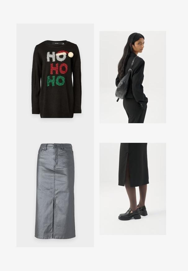 Vero Moda VMHOHO O NECK - Vesta - black/silver/red/green; Metalna siva traper suknja ravnog kroja, s prednjim prorezom, dizajnom s pet džepova i kopčanjem na gumbe u struku. Vidljivi su ravni šavovi.; Crne kožne cipele s zaobljenim vrhom, debelim blok petama i elastičnim bočnim detaljima, uparene s tamnim čarapama i crnom suknjom s prorezom.; Žena s dugom tamnom kosom koja nosi crno odijelo, drži crnu kožnu torbu preko ramena i gleda unazad na bijeloj pozadini.
