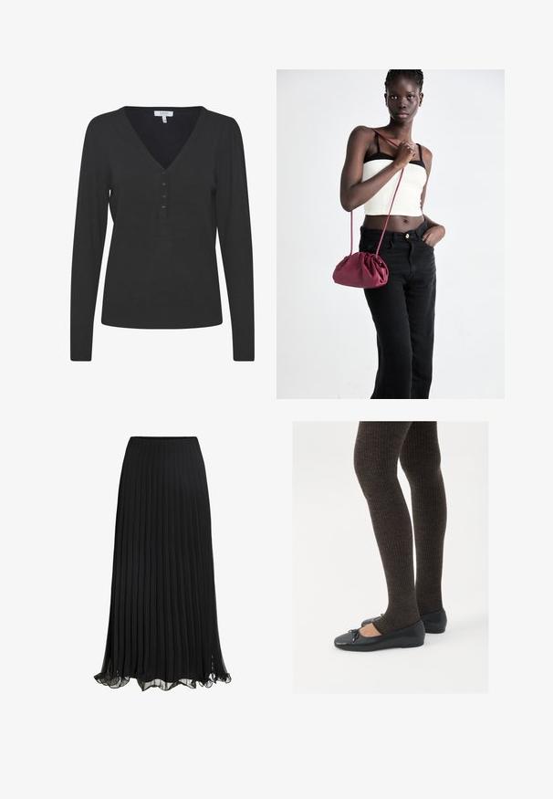 Crna vuna sa dugim rukavima i V izrezom, izrađena od finog pletenog materijala. Sadrži manžetne s pet dugmadi i rebraste manžete i donji rub.; Crna plisirana maxi suknja od lagane tkanine s lepršavim dizajnom. Ima volanasti rub i elastičnu ureznicu za udobnost.; Crne ravne cipele s malim mašnom na vrhu prstiju, uparene s tamnosmešnim rebrovanim čarapama. Cipele imaju glatku teksturu i nizak profil.; Bordo mekani torbeni sakupljenog dizajna s dugom trakicom, nošenom preko tijela. Model nosi bijelu kratku majicu i crne traperice.