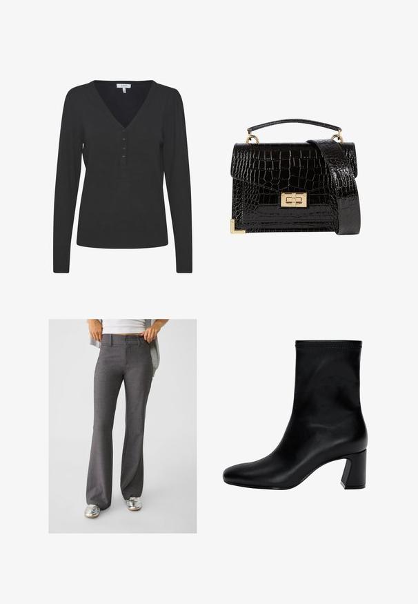 Schwarzer Langarm-V-Ausschnitt-Pullover aus fein gestricktem Material. Verfügt über eine Knopfleiste mit fünf Knöpfen sowie gerippte Bündchen und Saum.; Graue, ausgestellte Hosen aus strukturiertem Stoff, mit einer Zwei-Knopf-Verschluss und Gürtelschlaufen, kombiniert mit glänzenden silbernen Sneakers.; Schwarzer Knöchelstiefel aus glattem Leder. Mit quadrater Zehenpartie, elastischem Schaft und einem stabilen Blockabsatz. Minimalistisches Design.; Schwarz lackierte Handtasche mit Krokodilstruktur, goldfarbenen Hardware, einem oberen Griff und einem abnehmbaren Schulterriemen. Rechteckige Form mit Klappenverschluss.