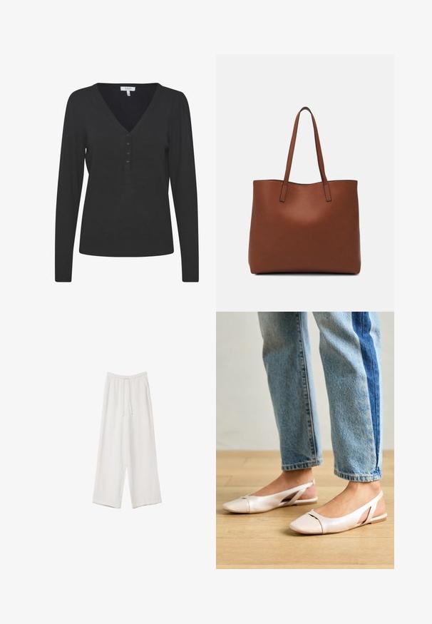 Czarny sweter z długim rękawem w serek, wykonany z cienkiej dzianiny. Posiada listwę z pięcioma guzikami oraz ściągacze przy rękawach i dole.; Białe spodnie o szerokich nogawkach wykonane z lekkiego materiału. Posiadają elastyczny pas z sznurkiem i boczne kieszenie. Gładka tekstura.; Jasnoróżowe baleriny na odkrytej pięcie z wąskim noskiem, wykonane z gładkiego materiału imitującego skórę. Posiadają wycięcia po bokach oraz płaski obcas.; Brązowa skórzana torba tote o gładkiej fakturze, z otwartym wierzchem i dwoma ramiączkami. Charakteryzuje się minimalnym przeszyciem i brakiem widocznych elementów metalowych.