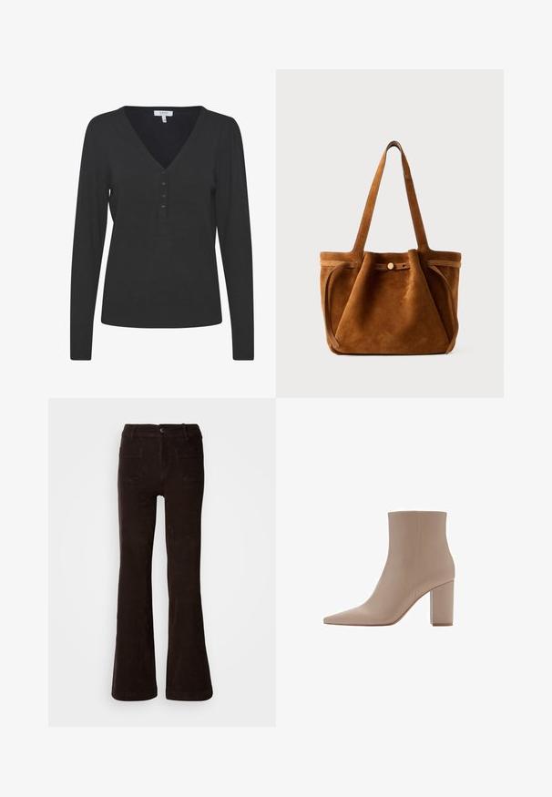 Czarny sweter z długim rękawem w serek, wykonany z cienkiej dzianiny. Posiada listwę z pięcioma guzikami oraz ściągacze przy rękawach i dole.; Brązowe sztruksowe spodnie o rozszerzanym kroju z fakturowanym wykończeniem, posiadające przednie zapięcie na guziki, szlufki na pasek oraz dwie tylne kieszenie.; Beżowe botki za kostkę z ostrym noskiem, wykonane z gładkiego materiału, z przezroczystym słupkiem i minimalistycznym designem.; Brązowa zamszowa torba tote z podwójnymi uchwytami, zapięciem na guzik oraz luźnym, lekko opadającym kształtem.