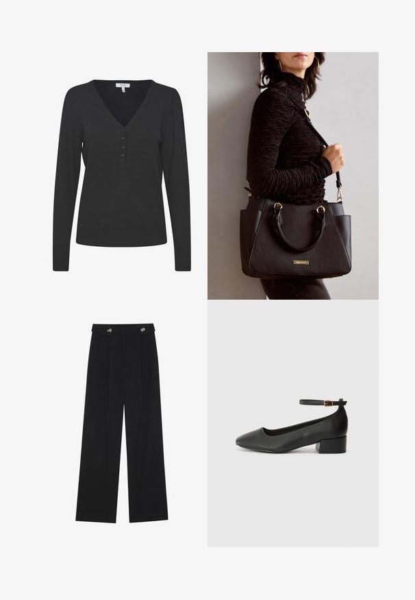 Maglione nero a maniche lunghe con scollo a V realizzato in morbido tessuto a maglia. Presenta una patta con cinque bottoni e polsini e orlo a coste.; Pantaloni neri a gamba larga con vita alta, dettagli con bottoni in vita e pieghe frontali.; Pump in pelle nera con punta affusolata e tacco basso a blocco. Presenta una cinghia alla caviglia con una fibbia in tonalità oro. Texture liscia.; Borsa nera con superficie texturizzata, manici superiori doppi e tracolla regolabile. Dotata di hardware color oro e tasche laterali.