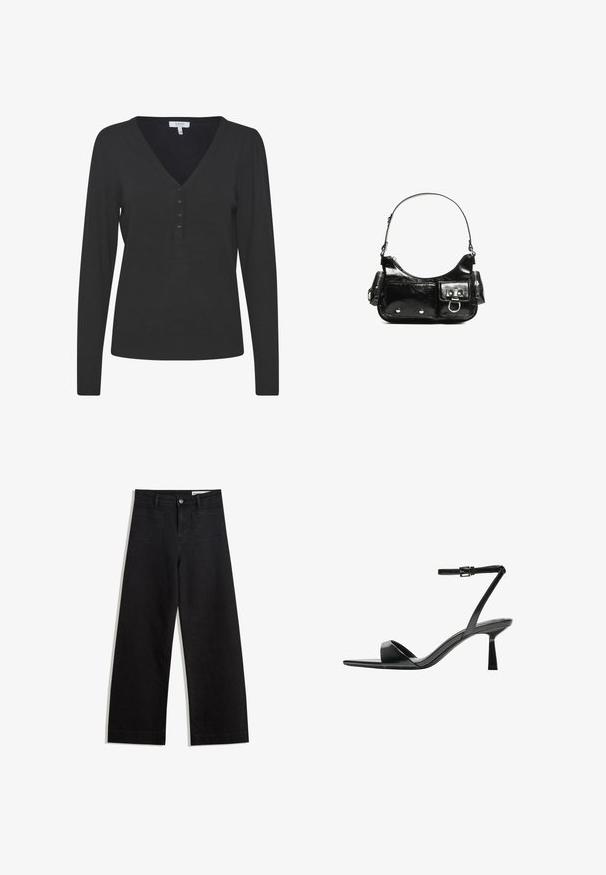 Czarny sweter z długim rękawem w serek, wykonany z cienkiej dzianiny. Posiada listwę z pięcioma guzikami oraz ściągacze przy rękawach i dole.; Czarne dżinsowe spodnie o szerokich nogawkach i wysokim stanie, z przednimi i tylnymi kieszeniami, przeszyciami oraz zapięciem na guziki. Gładka struktura.; Bershka - Sandały na obcasie; Czarna torebka z lakierowanej skóry o zaokrąglonym kształcie, z jednym paskiem na ramię, przednimi kieszeniami i akcentami w kolorze srebrnym.