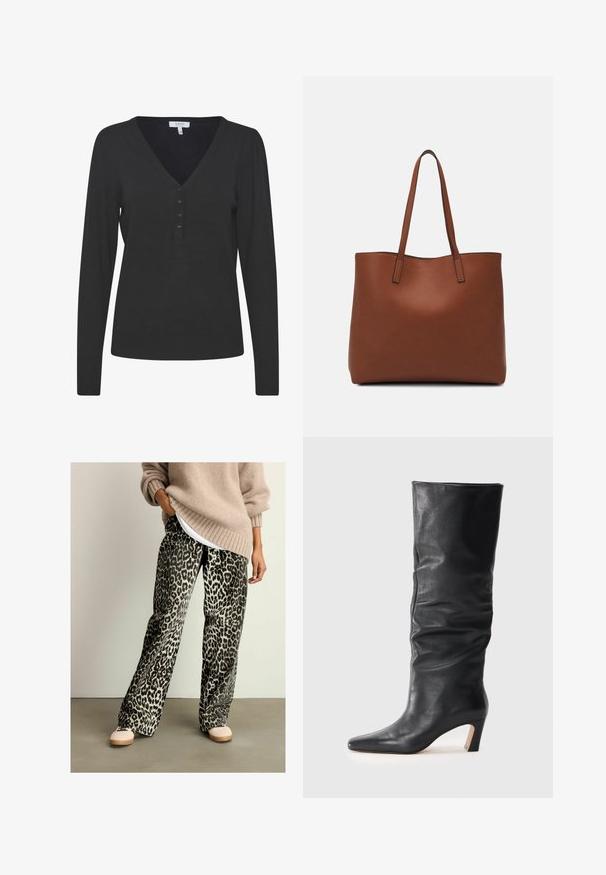 Musta pitkähihaista V-kaula-aukkoista villapaitaa, joka on valmistettu hienosta neulomateriaalista. Varustettu viiden napin placketilla sekä resorikuvioidut hihat ja helma.; Leopardi-kuosiset leveät housut, jotka on valmistettu pehmeästä kankaasta ja joissa on musta ja kermahalkeama kuvio, yhdistettynä löysään beigepaitaan ja vaaleisiin kenkiin.; Musta nahkasaapas, joka ulottuu puoleen säärään, jossa on hieman röllykkä varsi ja teräväkärkinen muoto vaalealla taustalla.; Ruskea nahkainen olkalaukku, jossa on sileä pinta, avoin yläosa ja kaksi olkahihnaa. Omaavat vain minimaalisen ompelun eikä näkyvää metalliosaa.