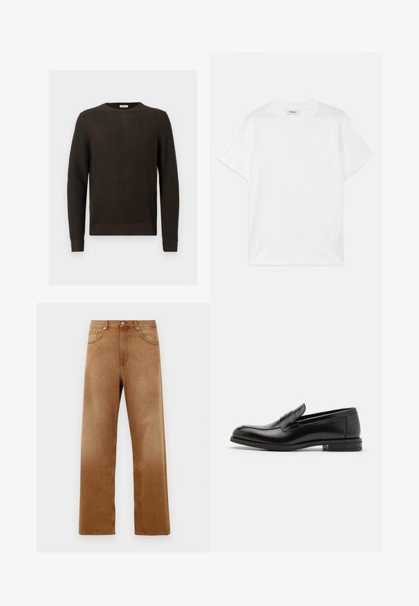 Dunkelbrauner Strickpullover mit strukturiertem Muster, rundem Ausschnitt und gerippten Bündchen. Hat eine lässige Passform und keine sichtbaren Verzierungen.; Weißes Baumwoll-T-Shirt mit rundem Halsausschnitt, kurzen Ärmeln und einem dezenten Logo auf der Vorderseite. Glatte Textur und schlichtes Design.; Braune Denim-Weitbeinjeans mit hoher Taille, ausgestattet mit zwei Vorderaschen, einem Knopfverschluss und subtiler Struktur. Keine sichtbaren Muster oder Akzente.; Schwarze Lederloafers mit glatter Textur, rundem Zehenbereich und einem dekorativen Riemen über dem Vorderfuß. Niedriger, gestapelter Absatz, minimalistisches Design.