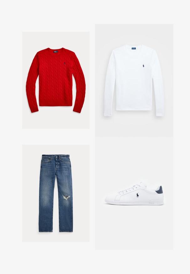 Κόκκινος πλεκτός σκούφος με σχέδιο καλωδίων, ραμμένη λαιμόκοψη και μανίκια με ρίγες, καθώς και μικρό μπλε έμβλημα polo στο στήθος.; Λευκό πουκάμισο με μακριά μανίκια, από βαμβακερό υλικό, με στρογγυλή λαιμόκοψη, διαθέτει μικρό σκούρο μπλε λογότυπο στο αριστερό στήθος. Απλός σχεδιασμός, κανονική εφαρμογή.; Μπλε τζιν παντελόνι με ίσια γραμμή, που έχει φθαρμένο σημείο στο αριστερό γόνατο και διακριτική φθορά σε όλο το ύφασμα.; Λευκά δερμάτινα sneakers με λεία επιφάνεια, ναυτικά στοιχεία και μικρό λογότυπο στο πλάι. Διαθέτουν επίπεδα κορδόνια και υφασμένη σόλα από καουτσούκ.