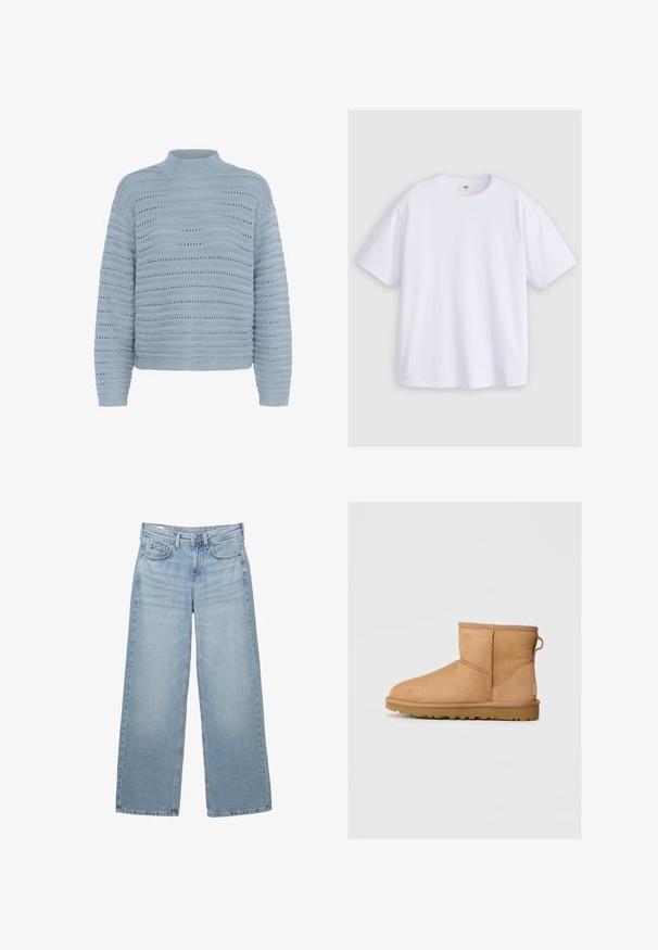 Kaffe Vesta - windward blue; Bijela pamučna majica s kratkim rukavima, okruglim izrezom i opuštenim krojem. Materijal izgleda glatko bez vidljivih uzoraka ili grafika.; Svijetloplave traper široke hlače s visokim strukom, pet džepova i suptilnim izblijeđenjem, s metalnim dugmetom i petljama za remen.; Anđeoske čizme od brušene kože u bež boji sa okruglim prstom, šivenim detaljima, petnim trakama i teksturiranim gumenim đonom. Dizajnirane za udobnost i toplinu.