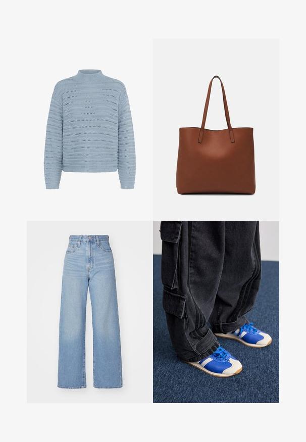 Kaffe Džemperis - windward blue; Gaiši zili augstās jostas vidukļa platās bikses ar priekšējo pogu un rāvējslēdzēju, priekšējām un aizmugurējām kabatām uz baltā fona.; Cilvēks, kurš valkā brīvus melnus cargo bikses un zilas un baltas kedas, stāv uz tumši zilā paklāja.; Brūna ādas iepirkumu soma ar gludu tekstūru, atvērta augšdaļa un divas plecu siksnas. Izceļas ar minimālām šuvēm un redzamu aparatūru nav.