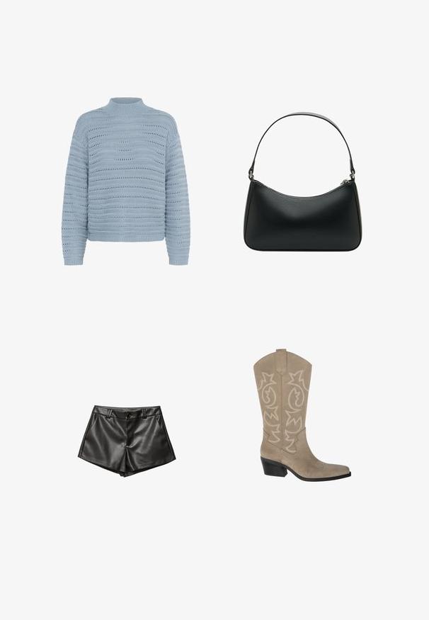 Kaffe Strickpullover - windward blue; Schwarze Lederhorts mit maßgeschneidertem Design, seitlichen Taschen, einer vorderen Knopfverschlüsse und glatter, glänzender Textur.; PULL&BEAR Cowboy-/Bikerboot - taupe; Schwarze Leder-Schultertasche mit geschwungener Form, einem flachen Tragegurt und einem oberen Reißverschluss. Glatte Textur mit minimalen Hardwaredetails.