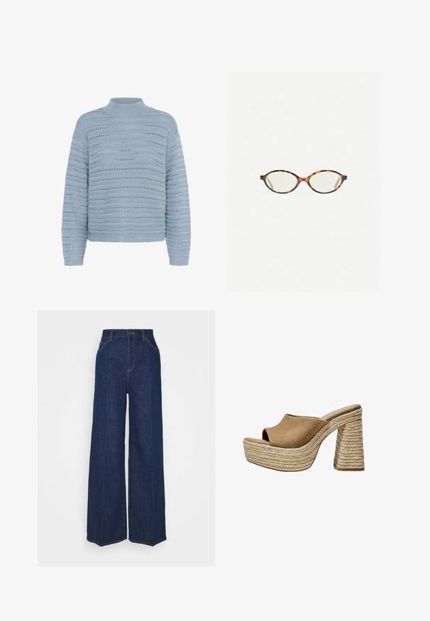 Kaffe Pulóver - windward blue; Magas derekú, széles szárú sötétkék farmernadrág elöl és hátul zsebekkel, gombos záródással és látható varrási részletekkel.; Barna velúr platform mules, nyitott orral, vastag, fonott juttalány sarkukkal és sima, kerek felső konstrukcióval.; Tortábar színű szemüveg ovális lencsékkel és sima, elegáns felülettel. Vékony szárakkal rendelkezik, amelyeken finom ív található a halántéknál. Átlátszó lencsék.
