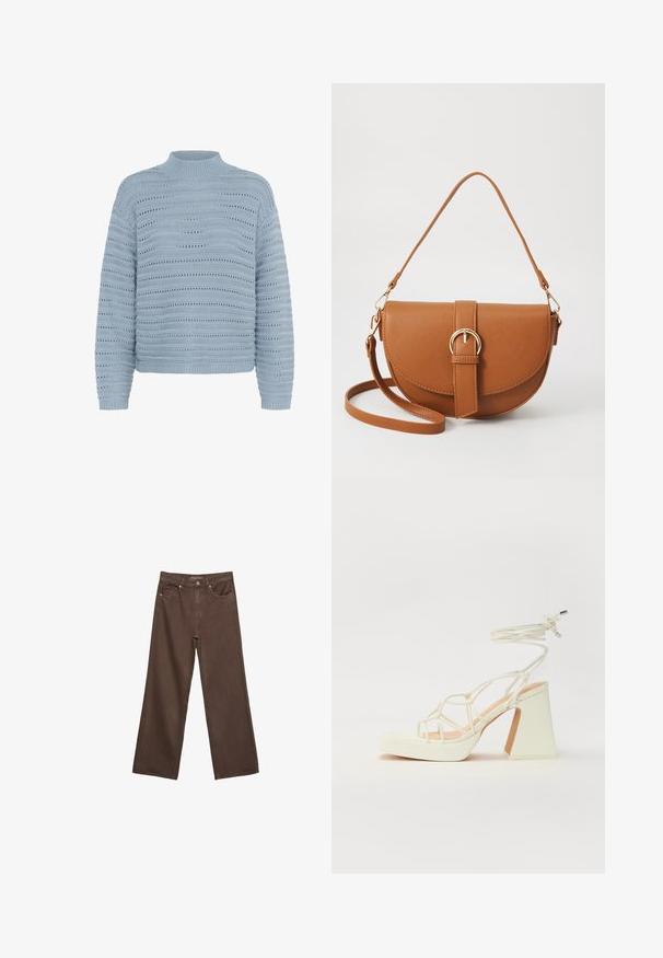 Kaffe Neule - windward blue; Leviittävät ruskeat farkut, jotka on valmistettu denimistä, korkea vyötärö, etutaskut ja klassinen nappikiinnitys. Silkkinen pinta hienovaraisella ompelutyöllä.; Valkoinen korkokenkä, jossa on paksu korko, ja joka sisältää nauhakiinnityksen ja nilkkaketjun. Sujuva pinta, jossa on platform-etupohja lisäkorkeutta varten.; Ruskean nahkainen olkalaukku, jossa on kaareva muoto, kultaiset yksityiskohdat ja solkiyksityiskohta. Varustettu irrotettavalla olkahihnalla.