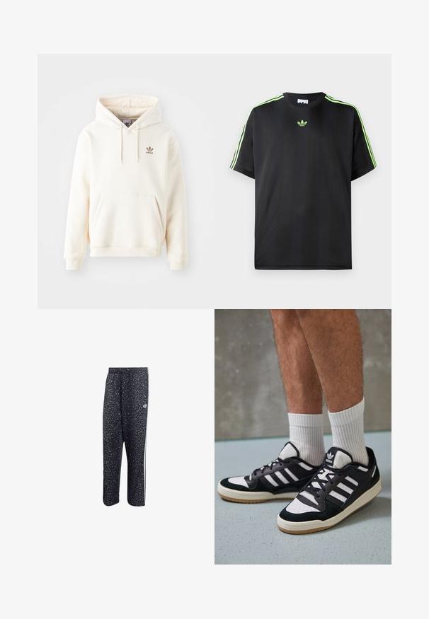 Sweatshirt creme feito de tecido macio, com um bolso canguru na frente, capuz com cordão ajustável e um pequeno logotipo da Adidas castanho no peito.; T-shirt preto feito de tecido liso com decote redondo, apresentando três riscas verdes nos ombros e um pequeno logo verde no peito.; Calças atléticas pretas com um padrão de estampa de leopardo, apresentando um design de três riscas brancas e um logotipo de marca atlética na lateral.; Ténis em preto e branco com upper em camurça e couro, apresentando três riscas brancas, um toe perfurado e uma sola em borracha de goma.