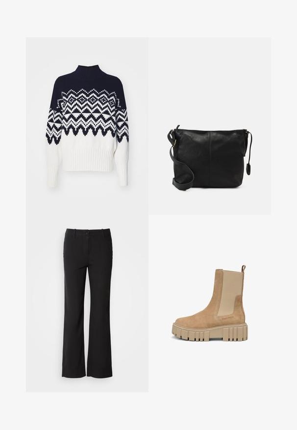 Barbour GWYN JUMPER - Strickpullover - cloud; Schwarze Baumwollmischungshose mit geradem Bein, vorderem Knopfverschluss und zwei Seitentaschen. Glatte Textur, keine sichtbaren Muster.; Helle Wildleder-Ankle-Boots mit beigen elastischen Seitenpaneelen und einer dicken, strukturierten Sohle. Verfügt über eine Zugschlaufe hinten und ein geprägtes Logodesign.; Schwarze Leder-Umhängetasche mit flacher Form, goldenen Hardware-Details und einem verstellbaren Tragegurt. Glatte Textur mit minimalen Nähten.