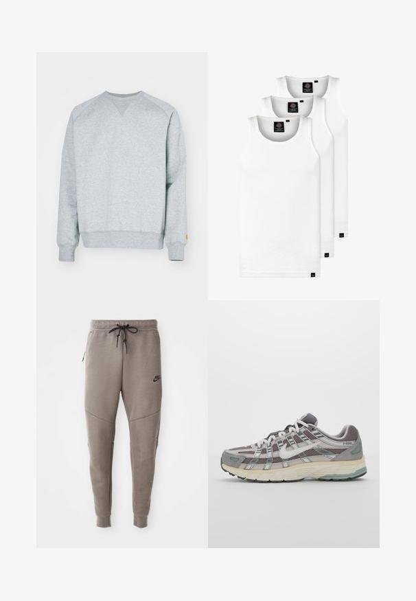 Siva dukserica s dekolteom u obliku slova V, rebrastim manžetama i donjim rubom. Ima mali žuti logo na lijevoj rukavu. Mekani pamukasti materijal.; Tri bijele rebraste majice bez rukava od pamuka. Imaju okrugli izrez i male crne oznake blizu rubova. Dostupne su u više veličina.; Sive Nike trenirke s elastičnim pojasom, suženi nogavi, bočnim džepovima i izraženim šavom. Mekani, teksturirani materijal.; Siva sportska tenisica s gornjim dijelom od mrežaste tkanine i zamshta, bijelim detaljima, amortizirajućom potplatom i prepoznatljivim dizajnom s refleksivnim elementima.