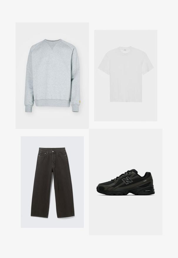 Šedá mikina s výstrihom do V, so ribovanými manžetami a lemom. Obsahuje malé žlté logo na ľavom rukáve. Jemná zmes bavlny.; Biela bavlnená tričko s krátkymi rukávmi, okrúhlym výstrihom a voľným strihom. Hladká textúra a žiadne viditeľné vzory alebo akcenty.; Široké čierne deniminové džínsy majú vysoký pás, dizajn s piatimi vreckami a zapínanie na gombík. Tkanina má mäkký, textúrovaný povrch.; Čierne športové topánky s textúrovaným syntetickým zvrškom, vybavené polstrovanou podrážkou a výrazným logom "N" na boku. Dizajn zahŕňa ľahké mäkké časti.