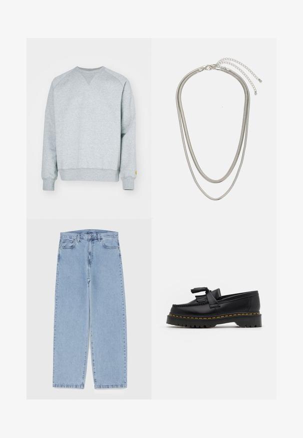Sivkasta majica s kapuco z oblikom v-izreza, rebrastimi manšetami in robom. Ima majhen rumen logotip na levem rokavu. Mehka tekstura iz mešanice bombaža.; Svijetloplave traperice s ravnim nogavicama, srednjeg struka, pet džepova te zatvaranjem na gumb i munju.; Črne usnjene loafersice s kaširanim naglasom, z debelim črnim podplatom in rumenim šivom ob robu. Teksturirana površina.; Tri-slojni srebrni kovinski ogrlica z elegantnimi, fleksibilnimi verigami z rahlim leskom, varovana z zaponko s katero se zaključi in nastavljivo verigo.