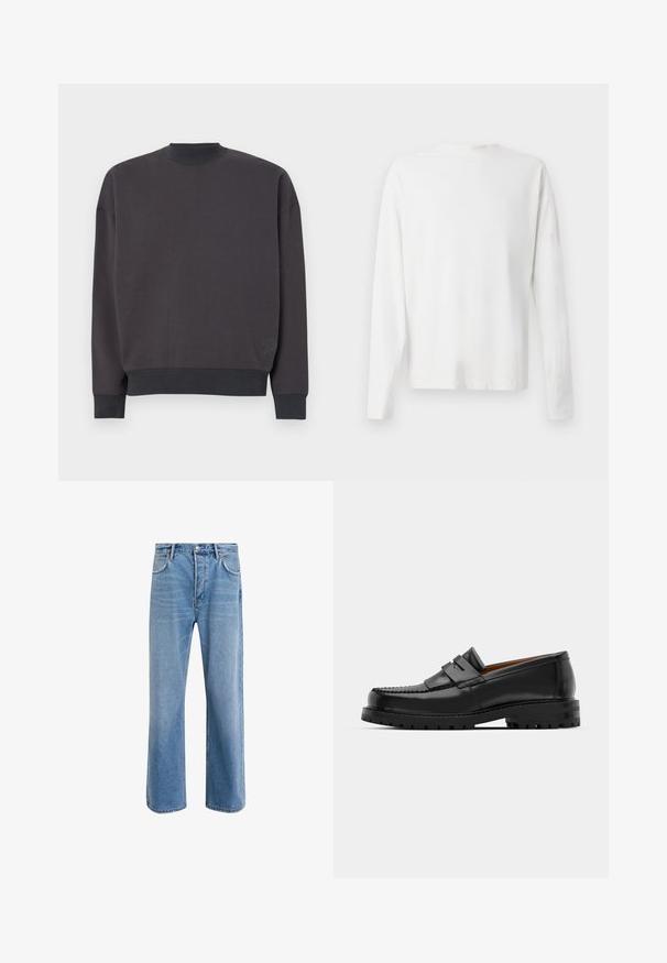 Czarny szary sweatshirt z wysokim kołnierzem, opadającymi ramionami i prążkowanymi mankietami. Posiada mały haft na dolnym lewym boku.; Biała, bawełniana koszula z długim rękawem, okrągłym dekoltem, bocznymi rozcięciami na dole oraz gładką fakturą, wyeksponowana z tyłu.; Jasnoniebieskie dżinsy o prostym kroju, pięć kieszeni, zapięcie na guzik, minimalne blaknięcia i kontrastowe wykończenia szwów.; Czarne skórzane mokasyny mają wyraźny szew, dwa dekoracyjne paski na górze oraz grubą, teksturowaną podeszwę dla lepszej przyczepności.