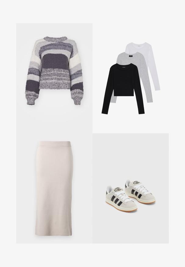 Strikkegenser med horisontale striper i nyanser av grått, hvitt og mørkegrått; kort design med rund hals og ribbestrikkede mansjetter.; Tre lange ermer t-skjorter stablet: svart, grå og hvit. Hver har en rund hals og et kort design med glatt, lett stoff.; Strikket blyantskjørt i en lys beige farge, med ribbestrikket midjebånd, slank passform og sidesplit for bedre bevegelsesfrihet. Myk tekstur, minimalistisk design.; Grå semsket sneakers med hvite lisser, svarte striper og en hvit gummisåle. Har en sirkulær logo på tungen og en gummisåle.