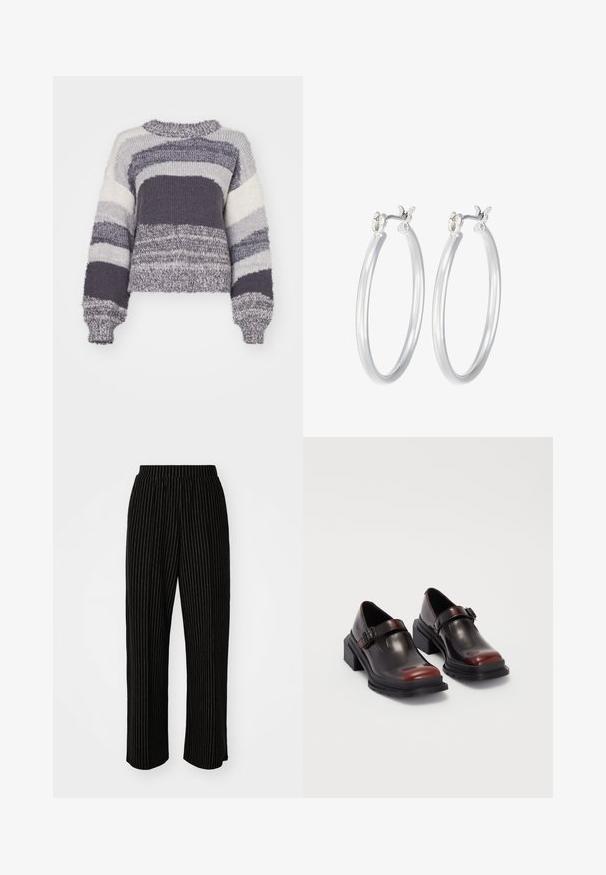 Kootud kampsun, millel on horisontaalsed triibud halli, valge ja tumehalli tooni; lühikese lõikega, ümmarguse kaeluse ja soonikkoes varrukateotega.; Mustad, laiad püksid valgete vertikaalsete triipudega, millel on mugav elastne vöökoht ja sile, pehme tekstuur.; Nahkased blokeeritud kontsaga kingad, millel on läikiv tume burgundi värv, koos pannalalusega ja ümarate sõrmedega disainiga. Struktuurne välistald haarde jaoks.; Hõbedased rõngaskõrvarõngad, millel on sile, läikiv viimistlus. Ümmargune kuju ja turvaline klõpsulatus. Kerge disain, sobib igapäevaseks kandmiseks.