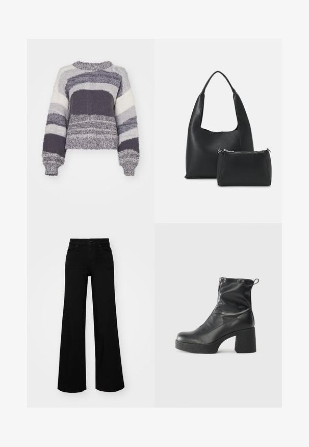 Sweter z dzianiny z poziomymi paskami w odcieniach szarości, białym i ciemnoszarym; skrócony fason z okrągłym dekoltem i ściągaczami przy mankietach.; Czarne szerokie spodnie dżinsowe z usztywnionym pasem, szlufkami na pasek i kieszeniami z przodu. Gładka faktura o klasycznym fasonie.; Czarne botki za kostkę wykonane z gładkiej skóry, wyposażone w boczny zamek błyskawiczny, masywny teksturowany obcas oraz zaokrąglony czubek.; Even&Odd - Torebka