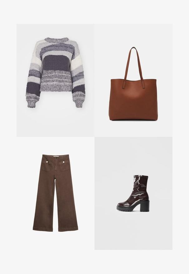 Pull en tricot avec des rayures horizontales dans des nuances de gris, blanc et gris foncé ; design court avec un col rond et des poignets côtelés.; Pantalons larges marron en coton, dotés de deux poches avant avec des boutons argentés, et une texture lisse.; Bottines bordeaux brillantes à talon épais noir, avec une texture lisse et un design simple. Aucune fermeture visible ni motifs.; Sac fourre-tout en cuir marron avec une texture lisse, design à ouverture supérieure et deux poignées pour le porter à l'épaule. Présente des coutures minimales et aucun matériel visible.