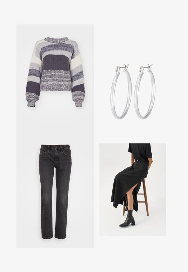 Pletena pulover sa horizontalnim prugama u nijansama sive, bijele i tamnosive; kroj koji seže do struka s okruglim izrezom i rebrastim manžetama.; Crne traperice ravnog kroja s klasičnim dizajnom pet džepova, patent zatvaračem i kontrastnim šavovima duž šava.; Crna lanena maksi suknja s visokom prorezom, nosi se s crnom majicom i crnim gležnjačama. Minimalistički dizajn s opuštenim krojem.; Srebrne kružne naušnice s glatkom, poliranom površinom. Okrugli oblik i sigurno kopčanje na klik. Lagani dizajn pogodan za svakodnevno nošenje.