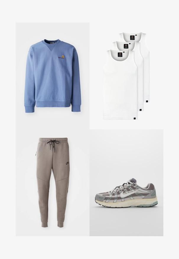 Blå hettegenser med rund hals, ribbede mansjetter og kant, og en liten brodert logo på brystet. Laget av et mykt, teksturert stoff.; Tre hvite ribbestrikkede tank topper laget av bomull. Har en rund hals og små svarte etiketter nær kanten. Tilgjengelig i flere størrelser.; Grå Nike joggebukser med snor i midjen, smale ben, sidelommer og distinkte sømdetaljer. Myk, teksturert stoff.; Grå treningssko med overdel i nett og semsket skinn, hvite detaljer, en polstret såle, og et særpreget design med reflekterende elementer.
