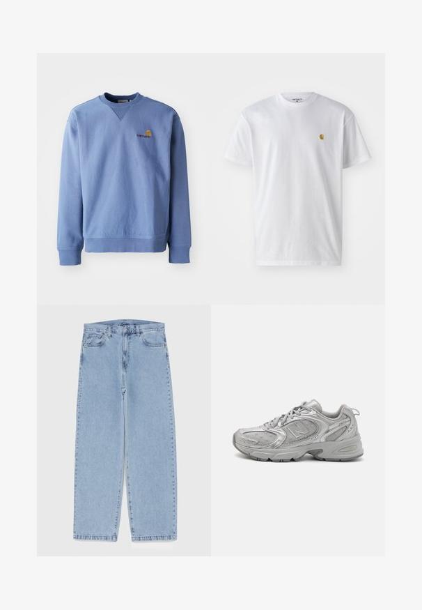 Sudadera azul con cuello redondo, puños y dobladillo acanalados, y un pequeño logo bordado en el pecho. Fabricada con un tejido suave y texturizado.; Camiseta de algodón blanca con mangas cortas, cuello redondo, que presenta un pequeño logo dorado en la parte izquierda del pecho. Textura suave y corte regular.; Jean de mezclilla azul claro con diseño de pierna recta, con una cintura de altura media, cinco bolsillos y un cierre de botón y cremallera.; Zapatilla deportiva plateada con un diseño elegante, paneles de malla, lengüeta acolchada, parte superior sintética texturizada y suela de goma para tracción.