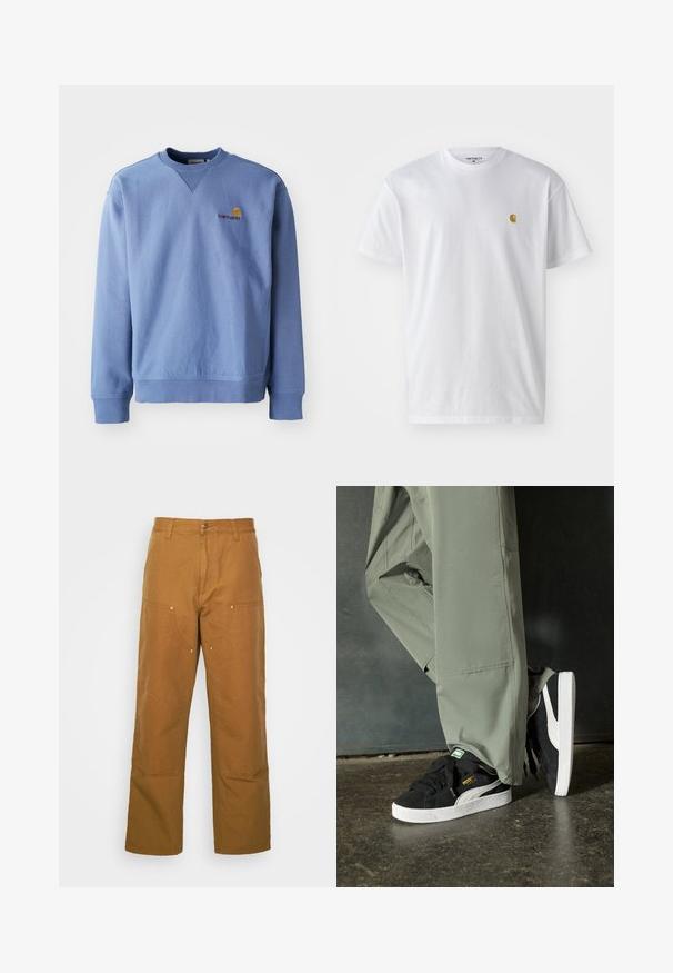 Blue sweatshirt with a round neckline, ribbed cuffs and hem, and a small embroidered logo on the chest. Made from a soft, textured fabric.; White cotton t-shirt with short sleeves, crew neck, featuring a small gold logo on the left chest area. Soft texture and regular fit.; Brown cotton utility pants with a straight leg design, featuring front pockets and metal hardware accents for added durability.; Black suede sneakers with white rubber soles and side stripes, paired with light green cargo pants, standing on a textured dark surface.