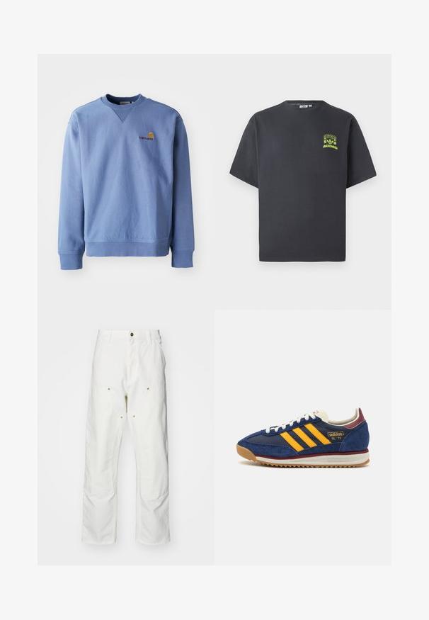 Blue sweatshirt with a round neckline, ribbed cuffs and hem, and a small embroidered logo on the chest. Made from a soft, textured fabric.; Charcoal gray Adidas T-shirt with short sleeves and a small neon green graphic of speakers, sun, and Adidas logo on left chest.; White cotton cargo pants with a relaxed fit. Features include front pockets, gold hardware accents, and reinforced knee sections.; Navy suede sneaker with yellow stripes, white laces, and burgundy accents. Textured sole with grooves for traction. Brand logo on side.