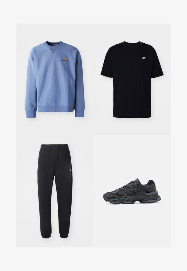 Blaues Sweatshirt mit Rundhalsausschnitt, gerippten Bündchen und Saum sowie einem kleinen gestickten Logo auf der Brust. Hergestellt aus einem weichen, strukturierten Stoff.; Schwarzes Baumwoll-T-Shirt mit rundem Halsausschnitt, kurzen Ärmeln und einem kleinen, geprägten Logo auf der linken Brust. Klassischer Schnitt und glatte Textur.; Schwarze Sweatpants aus weichem Material mit elastischem Bund, Kordelzug und schmal zulaufenden Bündchen, die auf der Seite ein dezentes Logo zeigen.; Schwarzer Laufschuh mit einer Mischung aus Mesh- und sinthetischen Materialien, dicke Sohle, geschwungenes Design und auffälliger Markenkennzeichnung an der Seite.
