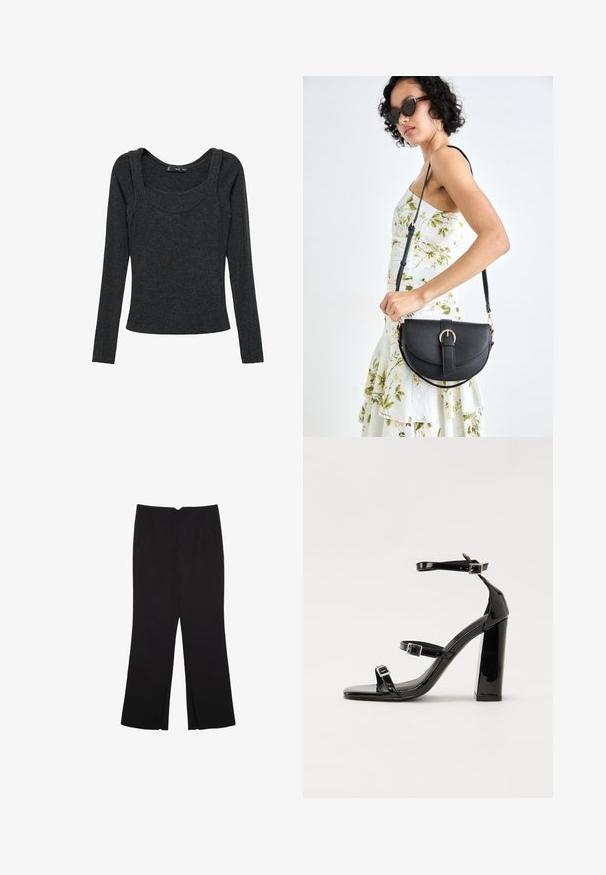 Langarm T-shirt in donkergrijs, gemaakt van zachte stof. Heeft een ronde halslijn en een aansluitende snit met naden op de schouders.; Zwarte broek met een rechte pasvorm, voorzien van zijzakken en plooien aan de onderzijde. Gemaakt van zachte, gladde stof. Geschikt voor verschillende gelegenheden.; Zwarte gepatenteerde sandalen met hak en een vierkante neus, enkelbandjes en zilveren gespen. Heeft een stevige blokhak voor stabiliteit.; Zwarte leren handtas met een gebogen vorm, afneembare schouderband en gouden hardware. De tas heeft een klep met een gespsluiting.