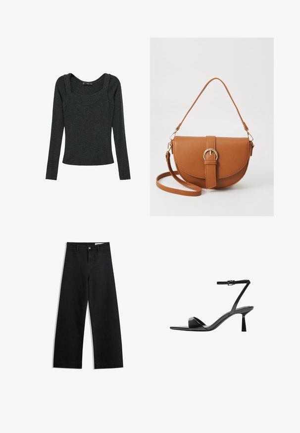 Long-sleeve top in dark gray, made of soft fabric. Features a round neckline and fitted silhouette with seam detailing at the shoulders.; Black wide-leg denim pants with a high waist, featuring front and back pockets, stitched seams, and a button closure. Smooth texture.; Bershka High heeled sandals - black; Brown leather crossbody bag with a curved shape, gold hardware, and a buckle accent. Features a detachable shoulder strap.
