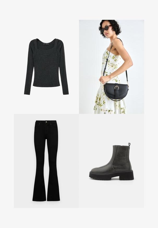 Long-sleeve top in dark gray, made of soft fabric. Features a round neckline and fitted silhouette with seam detailing at the shoulders.; Black high-waist jeans with a button and zip closure, front pockets, and flared legs laid flat on a white background.; Black ankle boots with a smooth synthetic upper, elastic side panels, a pull tab, and a chunky rubber sole.; Black leather handbag with a curved shape, detachable strap, and gold hardware. The bag features a flap with a buckle detail.