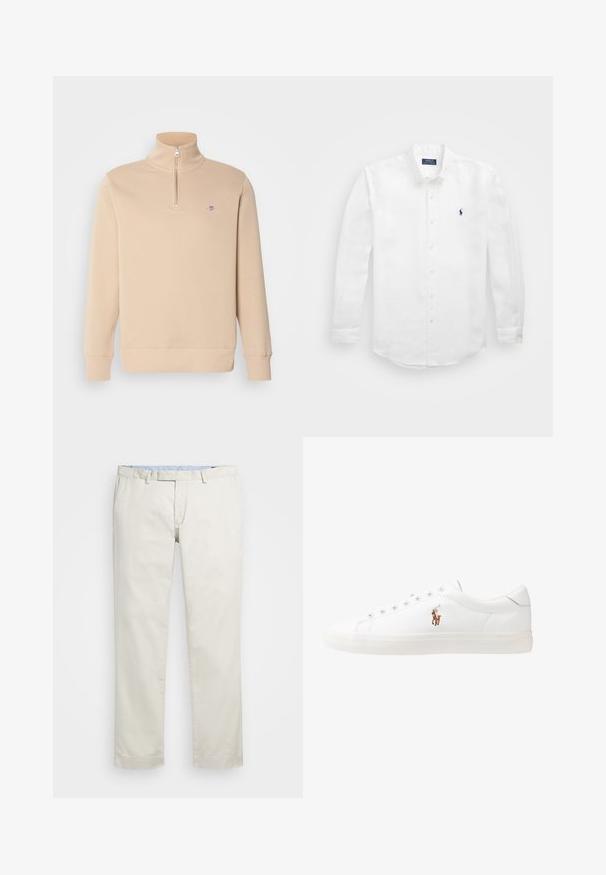 GANT REG SHIELD HALF ZIP - Mikina - dry sand; Bílá košile s dlouhými rukávy vyrobená z bavlny, s límcem na knoflíky, obsahující malou námořnickou logo na levé části hrudi a klasickým zapínáním na knoflíky.; Béžové bavlněné chinos kalhoty s plochým předním dílem, poutky na opasek a bočními kapsami. Rovný střih s hladkou texturou a lehkým, prodyšným pocitem.; Bílé kožené tenisky, nízký střih, s hladkým povrchem, kulatou špičkou, šněrováním v přední části a malým vyšitým logem na boku.