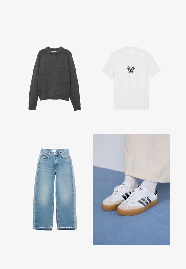 Maglione grigio scuro con collo a giro. Maniche a costine e orlo a costine. Tessuto a maglia con una vestibilità rilassata e maniche lunghe.; T-shirt bianco in cotone con maniche corte e collo tondo. Presenta una grafica centrale di una farfalla con motivo a fiamme nere. Texture liscia.; Jeans azzurri a gamba larga realizzati in denim, con vita alta, chiusura con bottone, tasche anteriori e orlo grezzo.; Sneakers bianche con strisce nere e accenti in suede beige. Presentano una suola in gomma texturizzata e lacci bianchi piatti, indossate con calzini di colore chiaro.