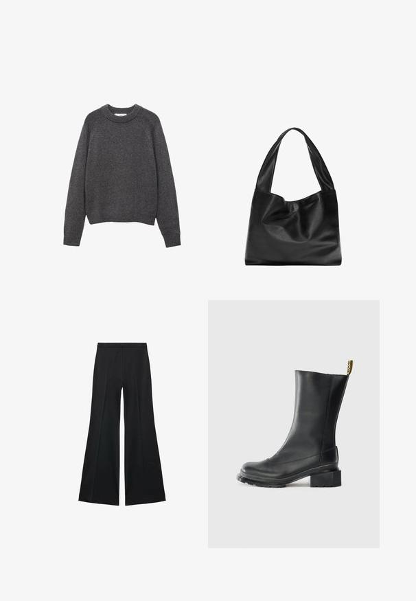 Czarnoszary sweter z okrągłym dekoltem, ściągaczami przy mankietach i na dole. Pleciona struktura, luźny fason i długie rękawy.; Czarne spodnie o szerokich nogawkach z gładką teksturą, z przodu ozdobione zakładkami i skrojonym fasonem. Materiał jest lekki i zwiewny.; Czarne skórzane botki za kostkę na słupku, o gładkiej fakturze, z okrągłym noskiem i pętelką z tyłu z żółtą marką.; Czarna skórzana torba na ramię o miękkim, zwisającym fasonie, szerokich uchwytach i gładkiej fakturze. Brak widocznych elementów metalowych lub ozdób.
