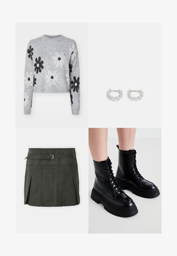 Svetle šedý cropped pletený svetr s černobílými květinovými vzory, kulatým výstřihem a žebrovanými manžetami. Měkká textura, ležérní design.; Tmavě zelená, bavlněná mini sukně s přiléhavým pasem, páskem a předními sklady. Obsahuje detaily šití a klasický střih.; Černé kožené kotníkové boty s chunky podešví, šněrováním vpředu a bočním zipem; mají hladký povrch a vyvýšenou špičku.; Stříbrné kruhové náušnice s průhlednými, obdélníkovými a trojúhelníkovými krystaly uspořádanými v vzorovaném designu. Klipy pro bezpečné upevnění.