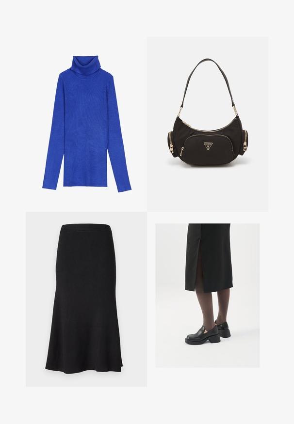 Königsblaues, geripptes Rollkragensweatshirt aus strukturiertem Stoff mit langen Ärmeln und umgeschlagenem Kragen, das ein schlankes Design aufweist.; Schwarz gerippter Strickrock mit taillierten Bund und weit auslaufendem Saum. Glatte Textur, knielanges Design mit gleichmäßig verteiltem Rippenmuster.; Schwarze Lederschuhe mit abgerundetem Zeh, dicker Blockabsatz und elastischen seitlichen Akzenten, kombiniert mit dunklen Strumpfhosen und einem schwarzen Rock mit Schlitz.; Schwarze Stoff-Schultertasche mit goldfarbener Hardware, ausgestattet mit einem Hauptreißverschlussfach und zwei kleineren Reißverschlussfächern an den Seiten.; Silberne Creolen mit minimalistischem Design. Rundform, glatte Oberfläche und dünnes Profil. Leichtgewichtig mit hochglänzender Oberfläche.