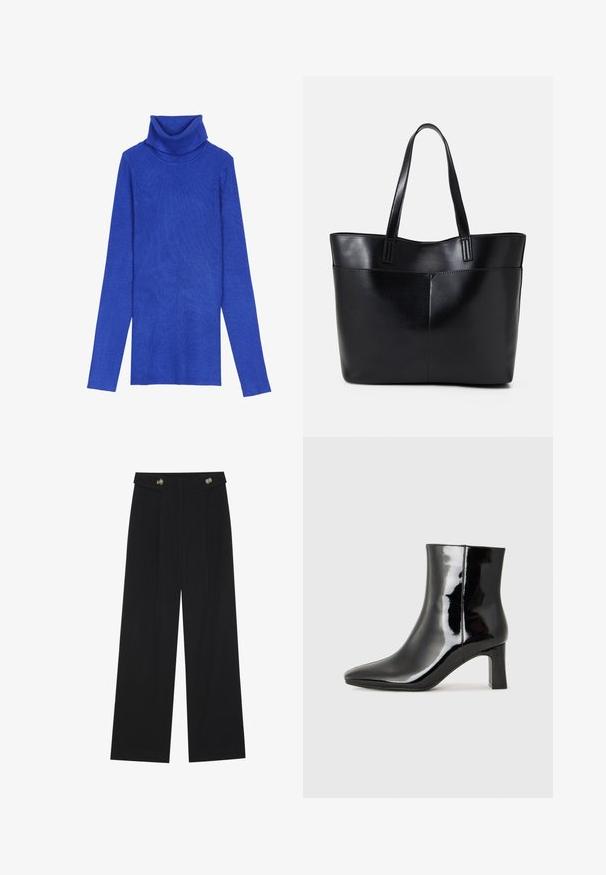 Królewsko-niebieski sweter z golfem, dostępny w prążkowanej strukturze, wykonany z teksturowanej tkaniny, z długimi rękawami oraz zamykanym kołnierzem. Charakteryzuje się dopasowanym krojem.; Czarne szerokie spodnie z wysokim stanem, z detalami w postaci guzików na pasku oraz plisami z przodu.; Czarne lakierowane botki za kostkę z wysmukłym noskiem i średniej wysokości obcasem w kształcie słupka. Gładka tekstura i minimalistyczny design.; Czarna skórzana torba na ramię z dwoma długimi uchwytami, gładką teksturą i sztywną formą. Posiada przednią kieszeń dla dodatkowego przechowywania.