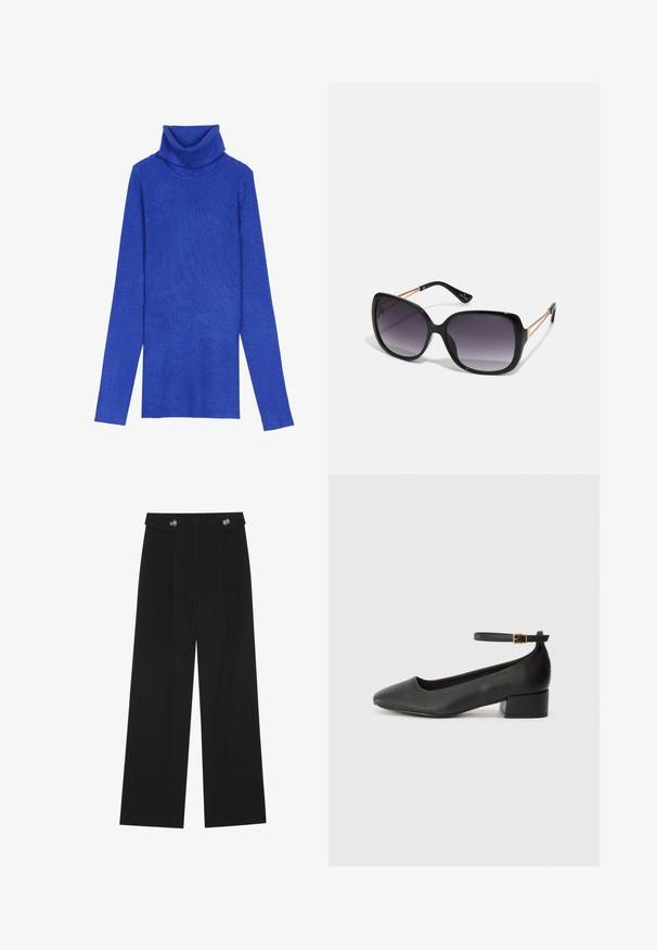 Kuningrubiinist ribidega turtleneck-sweater, valmistatud tekstuurilisest kangast, pika varrukaga ja kokkuvolditava kaelusega, millel on saledat lõiget.; Mustad laiad püksid kõrge vöökoha ja nööpdetailidega vööandil, esikortsudega.; Must mustaapp, millel on terav nina ja madal blokk-kand. Omab pahkluu rihma koos kuldse tooni pandlaga. Sile tekstuur.; Mustad ümarad päikeseglaasid, millel on gradient objektiivid, paksud raamid ja kuldse tooni kettaga kaunistused tempelitel.; Valge struktureeritud käekott lühikeste käepidemete ja õlavööga, millel on kuldse riistvara aktsendid ja tekstuuriga materjal, eksponeeritud halli taustal.