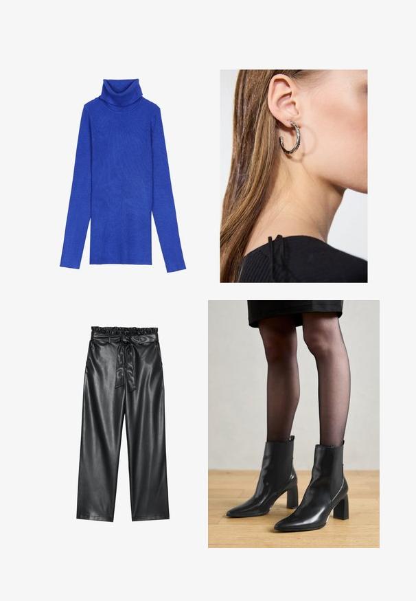Royalblå ribbad polotröja gjord av texturerad tyg med långa ärmar och ett vikbart krage, med en smal passform.; Svarta fusk-läder byxor med vida ben, elastisk och volangmidja, samt ett avtagbart bälte. Slät textur och minimal lyster.; Svarta läderankelstövlar med spetsig tå, kraftig kvadratisk klack och en slank design. Har elastiska sidopaneler för enkel påtagning.; Silverörhänge med polerad yta, med små detaljer i guld och rund form, bärs på loben.