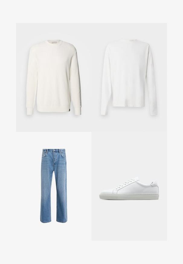 Calvin Klein Jeans CREW - Stickad tröja - tofu; Vit långärmad skjorta i bomull med rund halsringning, sidofickor längst ner och en slät yta, visad bakifrån.; Ljust blå denimjeans med rak passform, fem fickor, knappstängning, minimal blekning och kontrasterande sömdetaljer.; Vit sneaker med en slät läderövre och låg profil. Har en rundad tå, sex snörhål och en strukturerad gummisula.