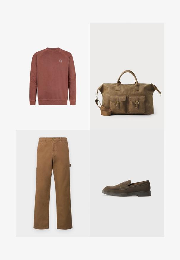 Bordový svetrový sveter s okrúhlym výstrihom z jemnej bavlnenej zmesi. Obsahuje raglánové rukávy a malú nášivku s logom na hrudi. Hladká textúra, rebrované manžety.; Hnedé bavlnené cargo nohavice so rovnými nohavicami, ktoré majú bočné vrecká a kovový gombík na zapínanie v páse. Hladká textúra a ležérny dizajn.; Hnedé semišové loafery s okrúhlou špičkou, pásikom na prednej časti a plochou gumovou podrážkou. Jednoduchý dizajn s čistými líniami a minimálnym detailovaním.; Hnedá kožená taška na cestovanie s dvoma prednými vreckami, nastaviteľným ramenným popruhom, zlatými kovovými doplnkami a pevným horným uchom. Hladký povrch.