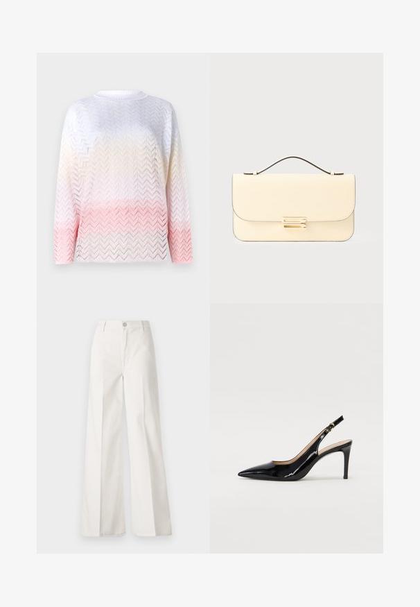 Pintinis megztinis su zigzago raštu, turintis gradientinę spalvų schemą nuo baltos iki šviesiai rožinės, su ilgomis rankovėmis ir apvaliu iškirpimu.; Balti platūs baltos spalvos keliai, pagaminti iš medvilnės su lygiu paviršiumi. Yra priekinis mygtukas, užtrauktukas ir keturi kišenės.; Juodas lakinės odos slingback batelis su smailiu nosiu, plonu kulnu ir subtiliu išpjovos dizainu. Yra auksinė sagtis ant dirželio.; Kremo spalvos odinė rankinė su viršutine rankena ir auksinės spalvos stačiakampiu užsegimu ant paprastos šviesios fono.