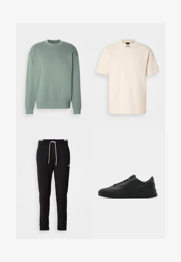 Mintgroene sweatshirt met een ronde halslijn, verlaagde schouders, geribbelde manchetten en een subtiele "HUGO"-logo gecentreerd op de borst. Zachte textuur.; Crème kleurig T-shirt met korte mouwen en hoge kraag, met "BOSS" in het zwart gedrukt op de voorkant van de nek en op het binnenlabel.; Zwarte slim-fit joggerbroek met witte trekkoord, ribgebreide boorden en subtiele logo op de bovenbenen, tegen een effen achtergrond.; Zwarte sneaker met een glad leren bovenwerk, ronde neus, platte veters, gewatteerde kraag en minimalistisch design. Rubberen zool met een subtiel profiel.