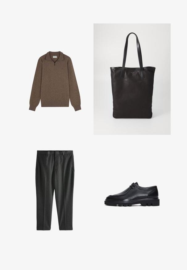 Pullover marrone con colletto a zip a quarto, maniche lunghe, polsini e orlo a coste, realizzato in morbido tessuto texturizzato.; Next STRIPE-REGULAR FIT - Chino - charcoal grey; Scarpe in pelle nera con punta rotonda, dettagli cuciti e suola spessa e robusta con scanalature distintive. Design semplice con lacci.; Borsa tote in tela nera con manici in pelle nera. Design semplice, corpo spazioso e texture liscia. Nessun logo o motivo visibile.