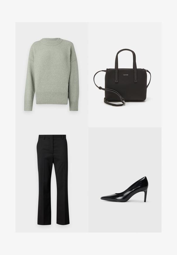 Lys grøn strikket sweater med ribbet rund hals og kant. Har sænket skuldre og lange ærmer. Blød tekstur med subtil glans.; Sorte skræddersyede bukser med lige ben-design. Fremstillet af et glat stof, med flad front og standard talje med bæltesløjfer.; Sort læder højhælede sko med spids tå, glat tekstur og en taperet hæl. Minimalistisk design uden yderligere udsmykninger.; Sort håndtaske med to korte håndtag og en aftagelig skulderrem. Glat læderagtigt materiale med lynlåslukning og logo detaljer.