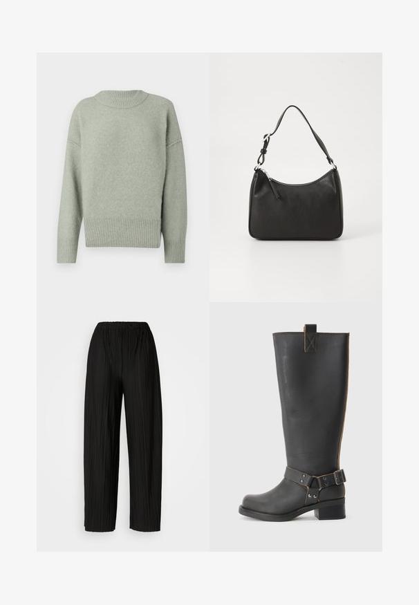 Pulover tricotat de culoare verde deschis, cu guler și tiv cu model în relief. Prezintă umeri căzuți și mâneci lungi. Textură moale cu un luciu subtil.; Pantaloni negri cu pliuri largi și talie elastică. Materialul are pliuri verticale și o textură netedă.; Cizmă înaltă din piele neagră, cu un finisaj texturat, având un accent cu cataramă pe lateral și un toc mic. Cusături detaliate de-a lungul cusăturilor.; Geantă de mână din piele neagră, cu o formă curbată, curea unică, închidere cu fermoar și un branding subtil pe față. Textură fină, design minimalist.